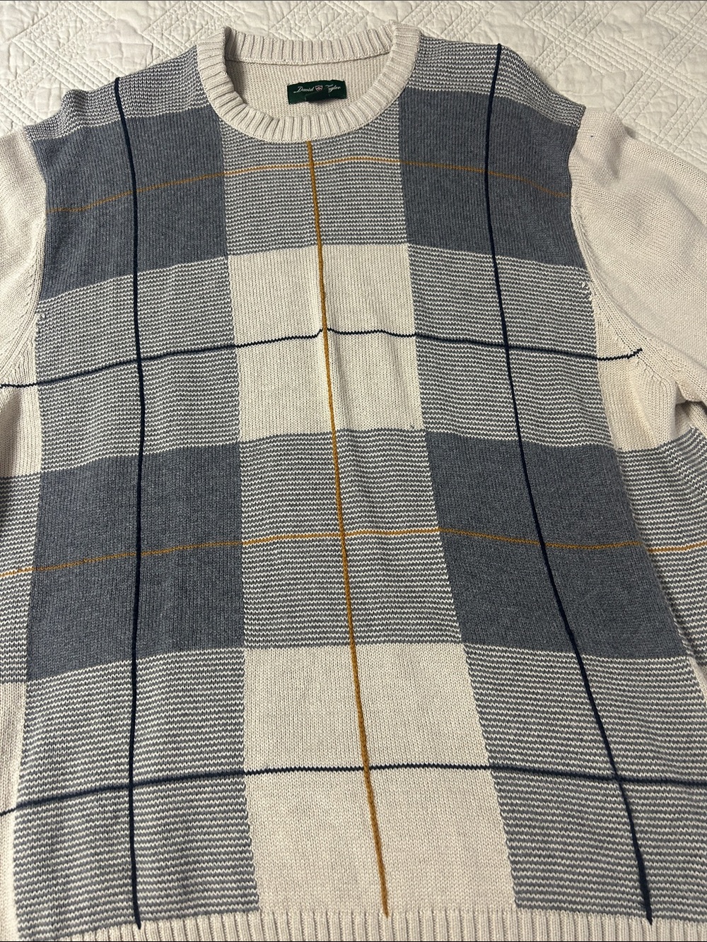 David Taylor Cream and Gray Checked Crewneck Sweater with Navy and Gold Accents